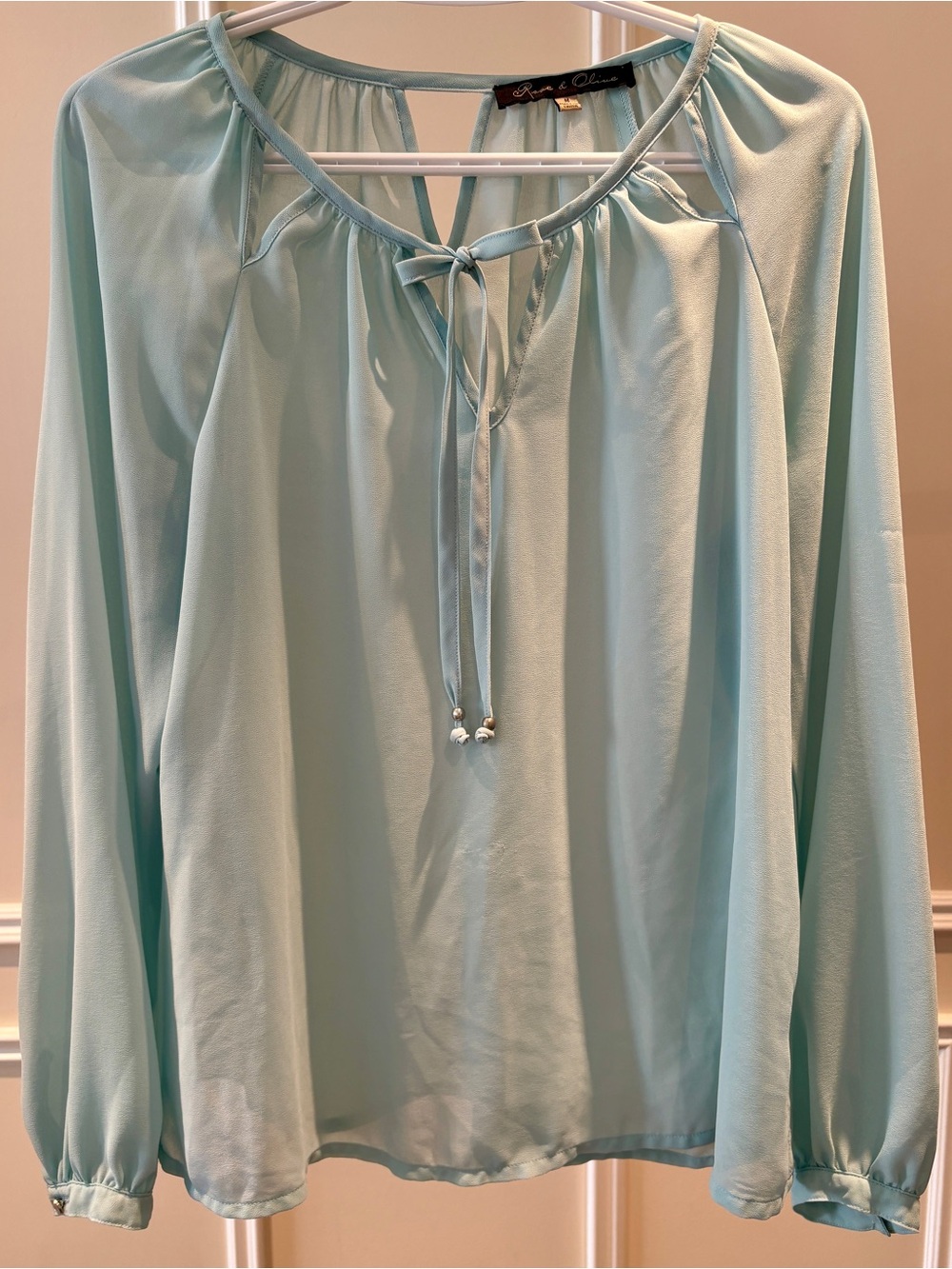 Rose & Olive Light Aqua Chiffon Tie-Front Elegant Long Sleeve Blouse